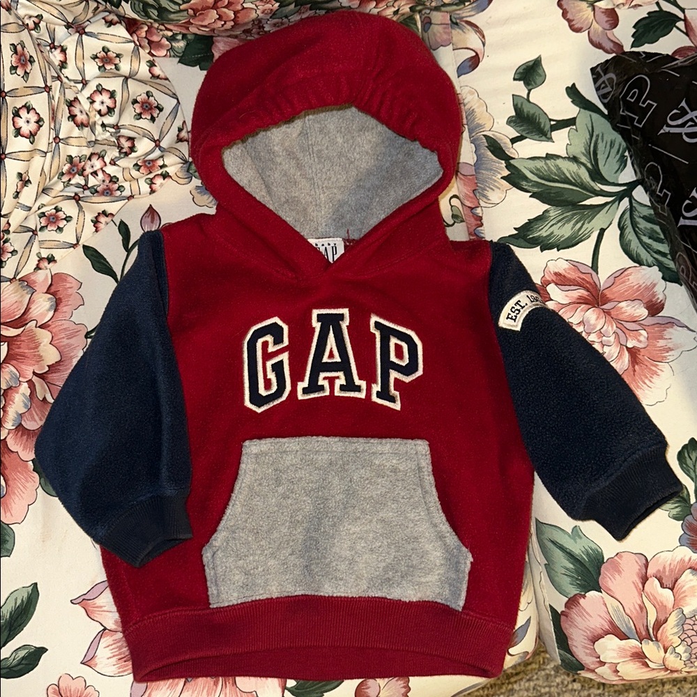 VINTAGE BABY GAP 6-12 MONTHS RED/BLUE MULTI-COLOR GRAPHIC HOODIE HOODY